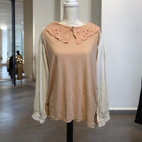 Free People Blush Pink Lace Collar‎ White Puff Sleeve Loose Fit Top Size Small - Picture 10 of 10